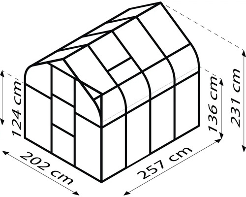 Illustratie van een kas met afmetingen van 202 bij 257 centimeter grondoppervlak en 124 en 231 centimeter hoogte