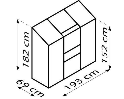 Maatschets van een kast met de afmetingen 182 cm hoogte, 69 cm breedte en 193 cm lengte