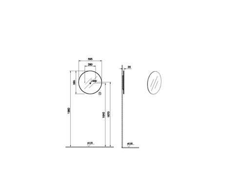 Technische tekening van een ronde spiegel met maatvoering