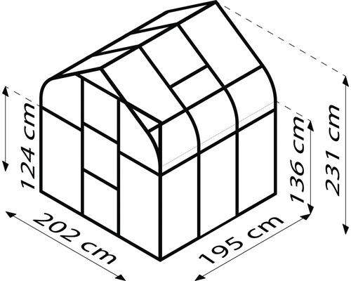 Afbeelding van een kas met een grondoppervlak van 202 bij 195 centimeter en een hoogte van 124 tot 231 centimeter.