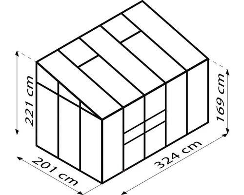 Technische tekening van een serre met de afmetingen 221 cm hoogte, 201 cm breedte, 169 cm hoogte en 324 cm lengte