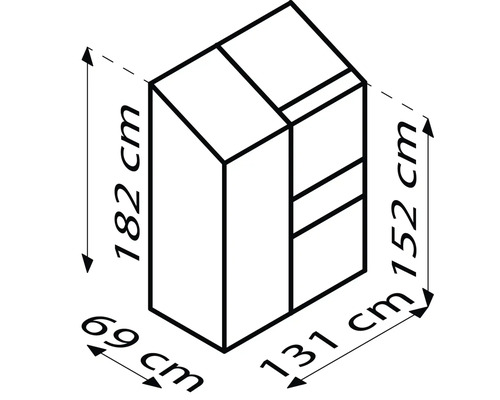 Afmetingen van een kast: 182 cm hoog, 69 cm diep, 152 cm hoog en 131 cm breed.