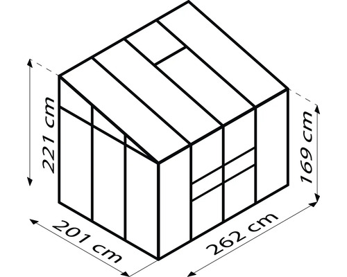 Technische tekening van een serre met afmetingen 262 cm x 201 cm x 221 cm x 169 cm.
