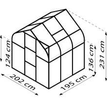 Afbeelding van een kas met afmetingen van 202 cm breed, 195 cm diep en 231 cm hoog