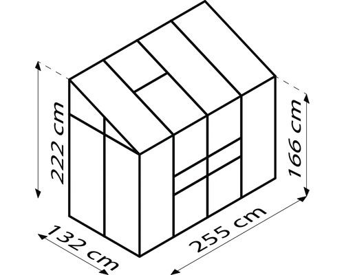 Technische tekening van een kas met afmetingen 222 cm hoogte, 132 cm breedte en 255 cm lengte