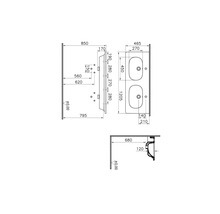Technische tekening van een dubbele wastafel met afmetingen