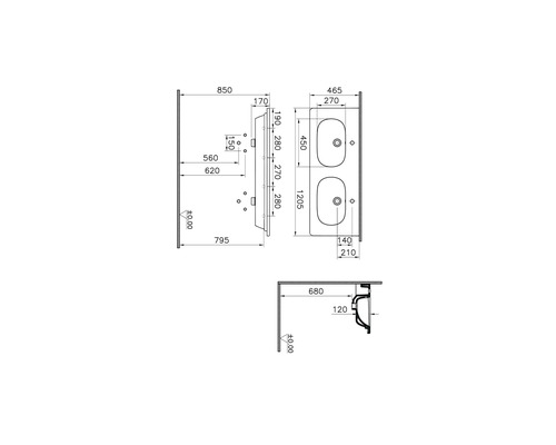 Technische tekening van een dubbele wastafel met afmetingen