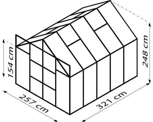 Technische tekening van een serre met afmetingen