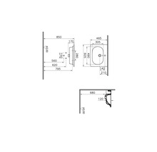 Technische tekening van een wastafel met afmetingen