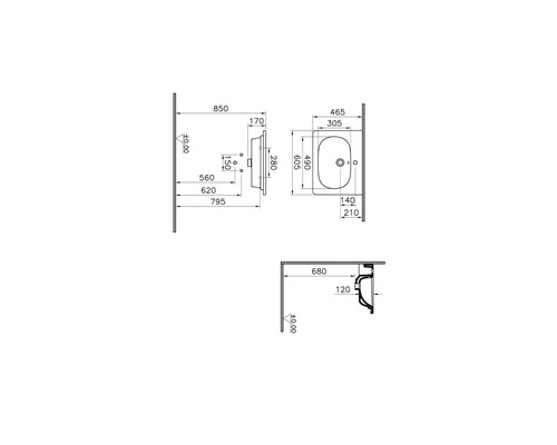 Technische tekening van een wastafel met afmetingen