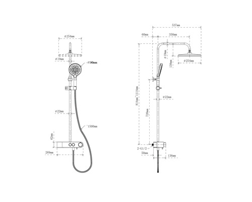 Technische tekening van een doucheset met maataanduidingen