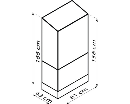 Schema van een kast met afmetingen 166 cm hoog, 81 cm breed en 43 cm diep.