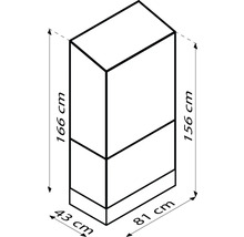 Kastillustratie met afmetingen: 166 cm hoog, 81 cm breed, 43 cm diep