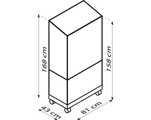 Technische tekening van een rolcontainer met afmetingen van 168 cm hoogte, 43 cm breedte en 81 cm diepte.