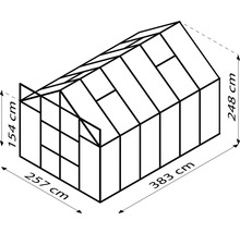 Model van een kas met de afmetingen 257 cm x 383 cm x 248 cm