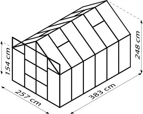 Model van een kas met de afmetingen 257 cm x 383 cm x 248 cm