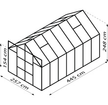 Technische tekening van een kas met de afmetingen 257 bij 445 bij 248 centimeter