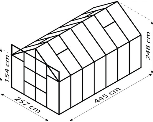 Technische tekening van een kas met de afmetingen 257 bij 445 bij 248 centimeter
