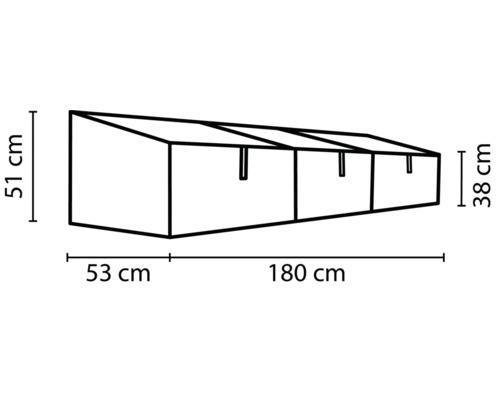 Technische tekening van een plantenkas met de afmetingen 51 cm hoogte, 53 cm diepte en 180 cm lengte