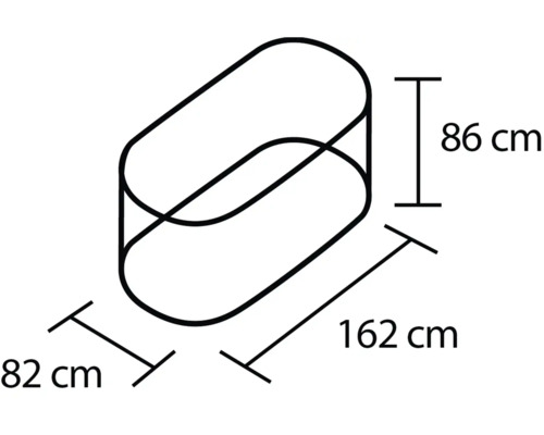 Schematische weergave van een badwand met de afmetingen 162 cm lang, 82 cm breed en 86 cm hoog.