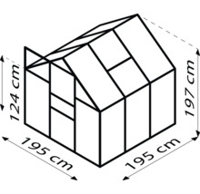 Afmetingen van een kas: 195 cm breed, 197 cm hoog, 124 cm zijhoogte