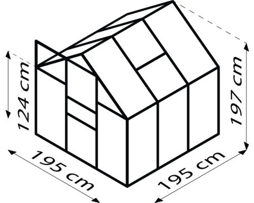 Afmetingen van een kas: 195 cm breed, 197 cm hoog, 124 cm zijhoogte
