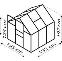 Afbeelding van een kas met de afmetingen 195 x 195 x 197 cm en een zijhoogte van 124 cm.