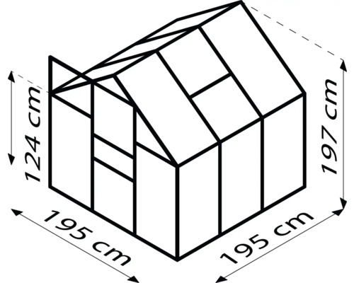 Afbeelding van een kas met de afmetingen 195 x 195 x 197 cm en een zijhoogte van 124 cm.