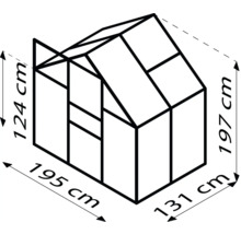 Afmetingen van de kas: 195 cm breed, 131 cm diep en 197 cm hoog