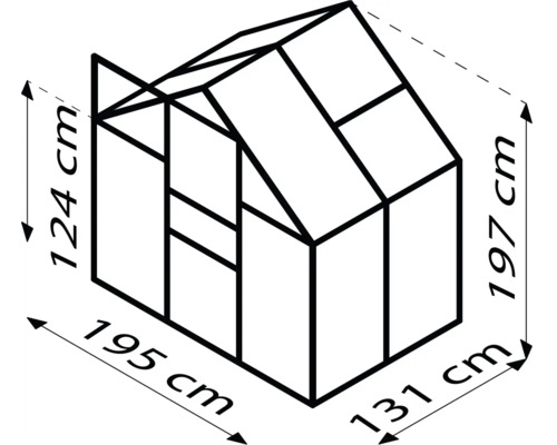Afmetingen van de kas: 195 cm breed, 131 cm diep en 197 cm hoog