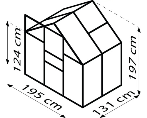 Technische tekening van een kas met afmetingen