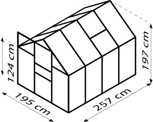 Afbeelding van een kas met de afmetingen: 124 cm hoogte vooraan, 197 cm hoogte achteraan, 195 cm breedte en 257 cm lengte.