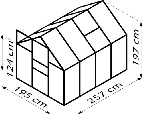 Schets van een kas met afmetingen: 124 cm hoog, 195 cm breed en 257 cm lang