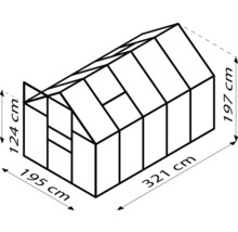 Afbeelding van een kas met afmetingen: 124 cm hoogte vooraan, 197 cm hoogte achteraan, 195 cm diepte en 321 cm breedte.