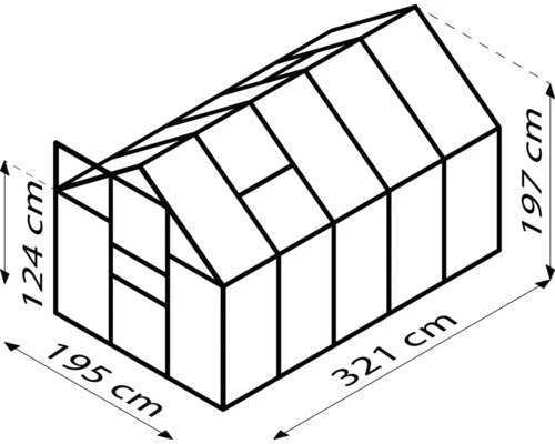 Afbeelding van een kas met de afmetingen 124 cm hoog, 195 cm breed en 321 cm lang.