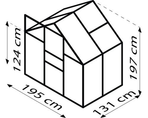 Afbeelding van de afmetingen van een tuinkas: 124 cm hoogte aan de zijkant, 197 cm totale hoogte, 195 cm breedte en 131 cm diepte.