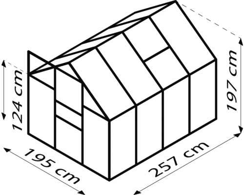 Schema van de kas met afmetingen 257 cm lengte, 195 cm breedte en 197 cm hoogte