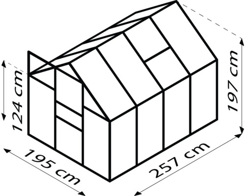 Afmetingen kas: 195 x 257 x 197/124 centimeter