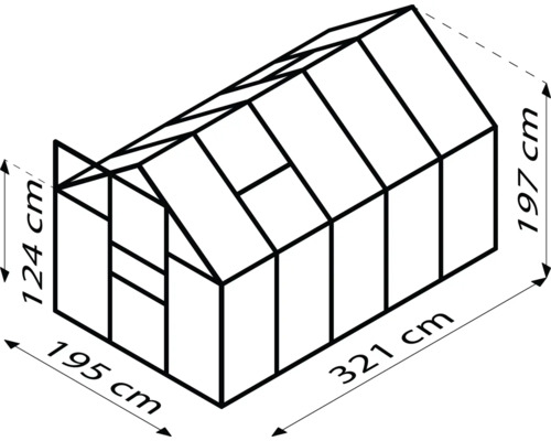 Schema van een kas met afmetingen van 321 cm lang, 195 cm breed en 197 cm hoog.