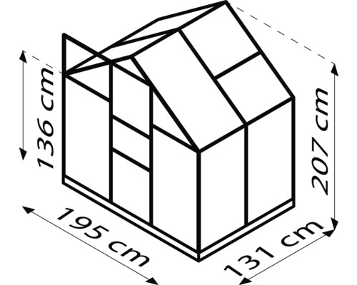 Afmetingen van een kas: 195 cm x 131 cm grondoppervlak, 136 cm zijhoogte, 207 cm totale hoogte.