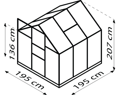 Afbeelding van een kas met de afmetingen 195 x 195 x 207 centimeter