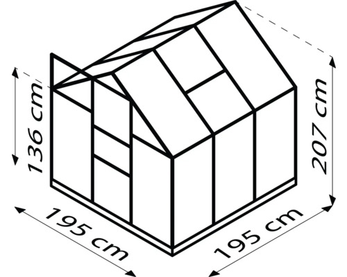 Illustratie van een kas met afmetingen: hoogte 207 cm, zijlengte 195 cm, voorste hoogte 136 cm.
