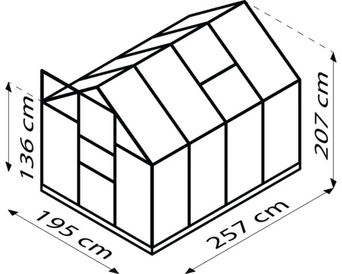 Diagram van een kas met afmetingen van 257 centimeter lang, 195 centimeter breed en 207 centimeter hoog