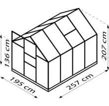Afmetingen van de kas: 136 centimeter hoogte vooraan, 207 centimeter hoogte achteraan, 195 centimeter breedte en 257 centimeter lengte.