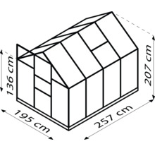 Afbeelding van een kas met de afmetingen 195 x 257 x 207 centimeter
