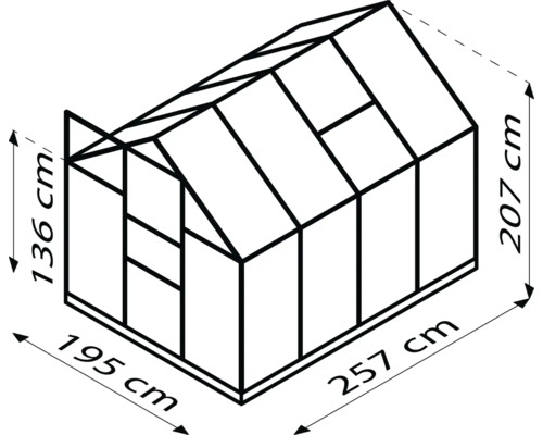 Tekening van een kas met afmetingen van 257 bij 195 bij 207 centimeter