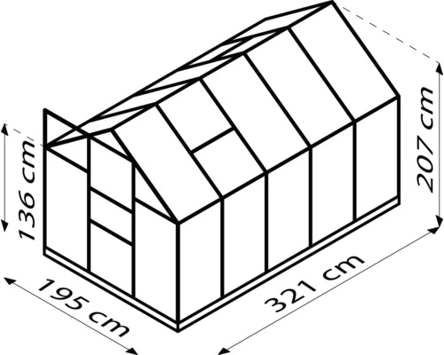 Tekening van een kas met de afmetingen 195 bij 321 bij 207 centimeter.
