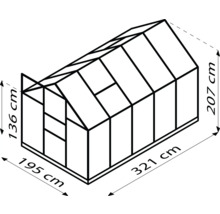 Omtrek van een serre met afmetingen van 195 bij 321 bij 207 centimeter