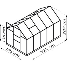 Schema van de kas met afmetingen in centimeters
