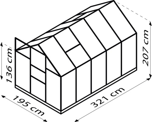 Schema van de kas met afmetingen in centimeters